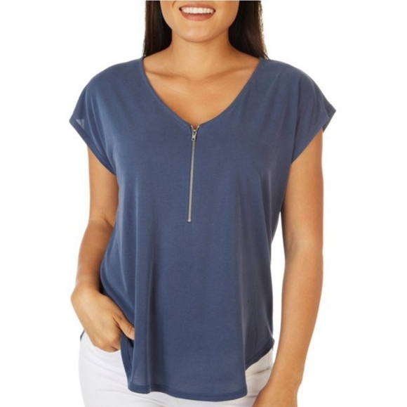 Green Envelope Tops - Green Envelope Smoky Blue Zipper V-Neck Sleeveless Blouse Womens Size PM